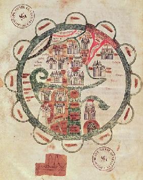 Ms 782 f.374v World map with Jerusalem in the centre, from ''Chroniques de St. Denis'', c.1275