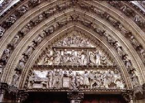 North transept portal, detail of tympanum depicting scenes from The Infancy of Christ and the Story