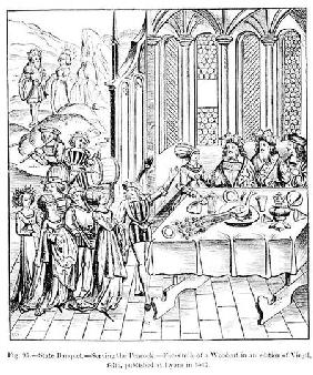 State banquet - serving the peacock, after a woodcut in an edition of Virgil, published Lyons