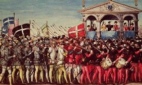 The Cortege of Drummers and Soldiers at the Royal Entry Festival of Henri II (1519-59) into Rouen, 1