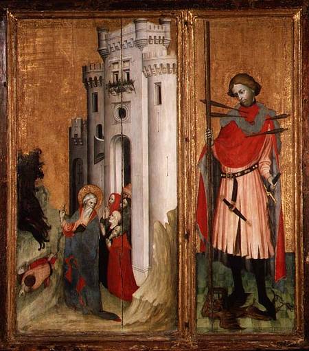 Thouzon Altarpiece, right-hand section showing (LtoR) St. Andrew expelling demons from Nice; St. Seb van French School