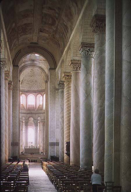 View of the nave towards the choir and the vault decorated with 12th century frescoes (photo) van French School