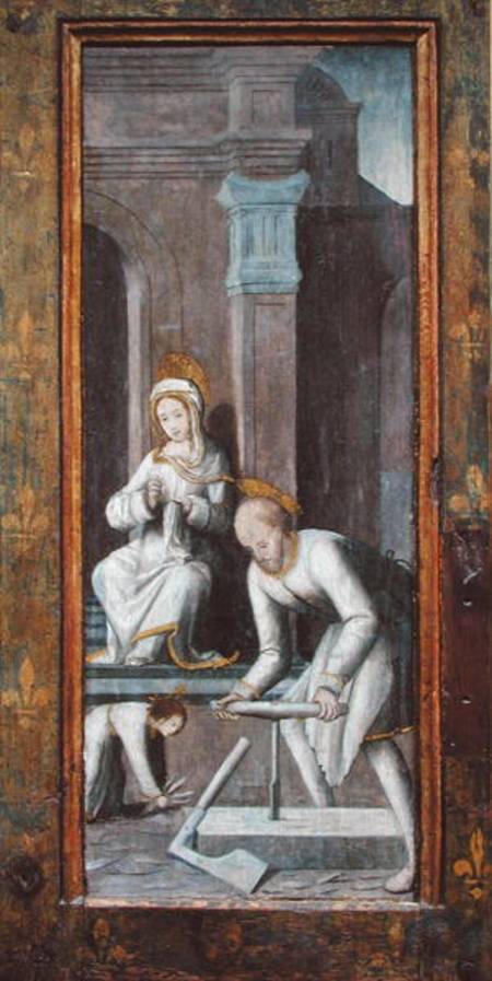 The Workshop at Nazareth, right hand panel from a triptych van French School