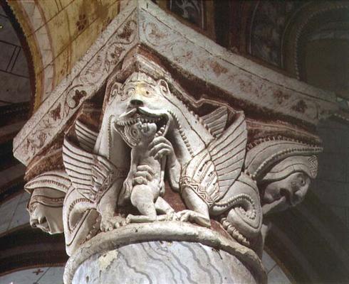 Monster devouring a human, column capital (stone) van French School, (11th century)