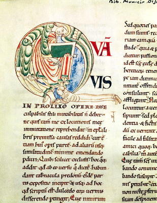 Ms.173 Fol.6 v. Initial 'Q' depicting a monk and an angel, from Moralia in Job by Pope Gregory the G van French School, (12th century)