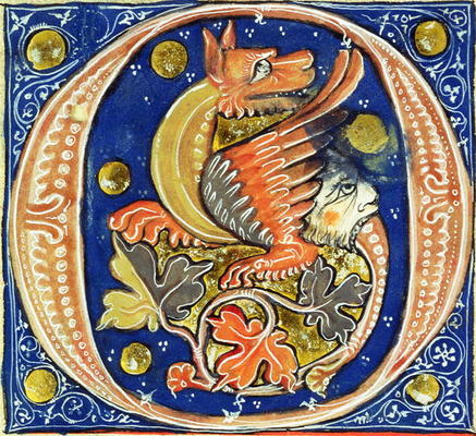 Historiated initial 'O' depicting a winged griffin (vellum) van French School, (14th century)