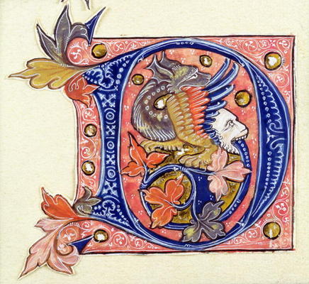 Historiated Initial 'D' depicting a fish with a human head (vellum) van French School, (14th century)