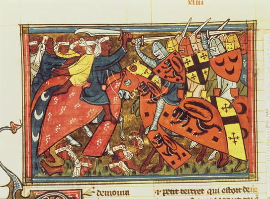 Fr 22495 f.43 Battle between Crusaders and Moslems, from Le Roman de Godefroi de Bouillon (vellum) van French School, (14th century)