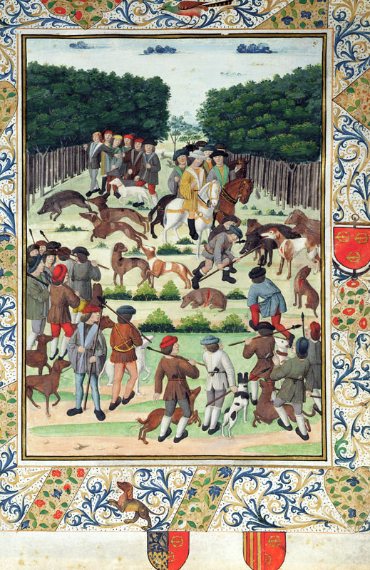 Louis Malet (1441-1516) Seigneur de Graville, hunting wild boar, from the 'Terrier de Marcoussis', 1 van French School, (15th century)