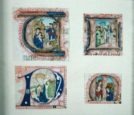 Four historiated initials depicting the Adoration of the Magi, van French School, (15th century)
