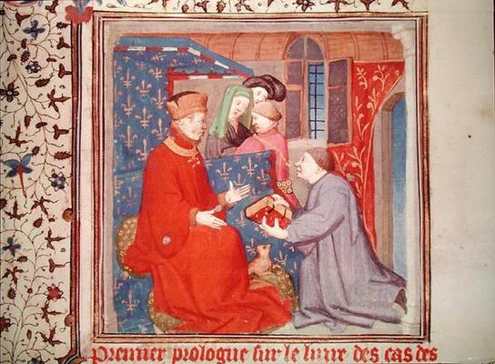 Ms Fr 131 f.1 Jean (1340-1416) Duke of Berry Receiving a Manuscript from Boccaccio, from 'Cas des No van French School, (15th century)