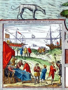 Detail of a view of the port of Cadiz showing trade with the West Indies, 1565 (colour litho)