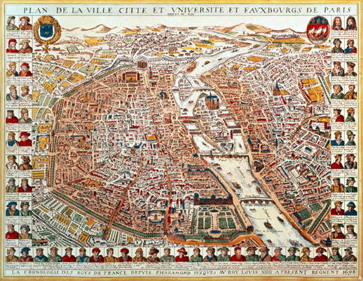 Plan of Paris, bordered by a chronological series of portraits of the kings of France from Pharamond van French School, (17th century)