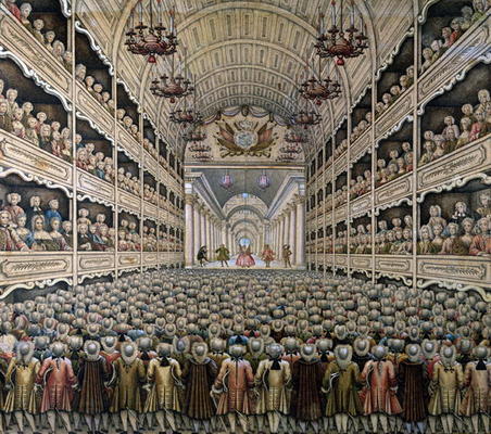 A French Theatre (colour engraving) van French School, (18th century)