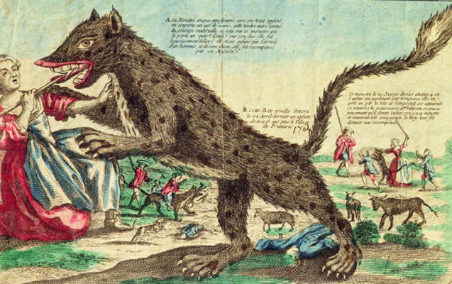 Attacks by the beast of Gevaudan in 1764 (colour engraving) van French School, (18th century)