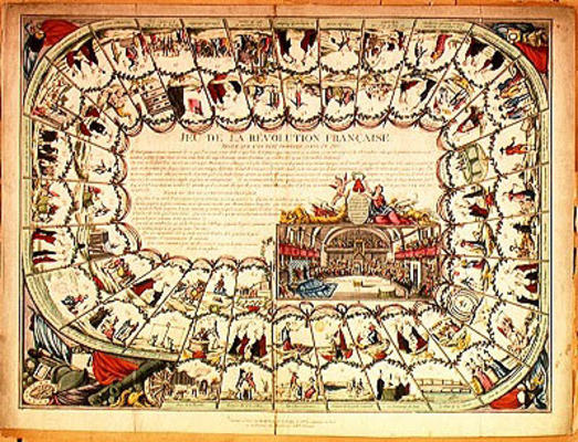 Snakes and ladders board based on the French Revolution, 1791 (coloured engraving) van French School, (18th century)