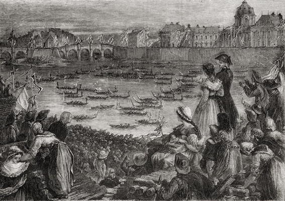 A joust on the water at the Champs de Mars, Paris (litho) van French School, (19th century)