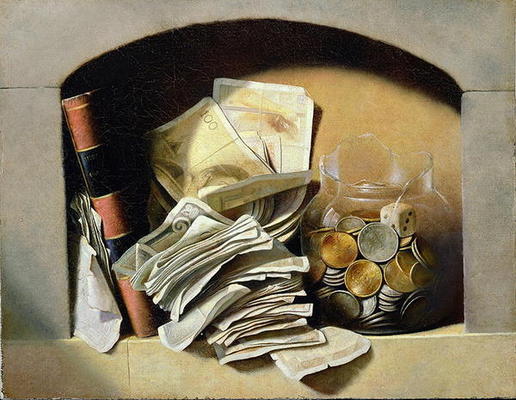 A trompe l'oeil of paper money, coins and a broken glass jar in a niche (oil on canvas) van French School, (19th century)
