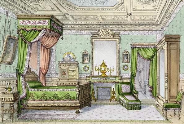 Bedroom in the Renaissance style (colour litho) van French School, (19th century)