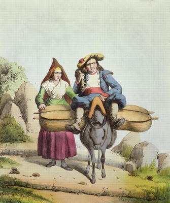 Cheese sellers from the Tarbes region, c.1840 (colour engraving) van French School, (19th century)