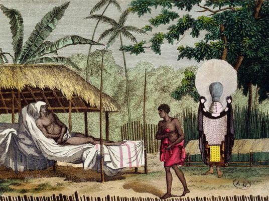 Funeral and mourning rites in Tahiti, 1811 (coloured engraving) van French School, (19th century)