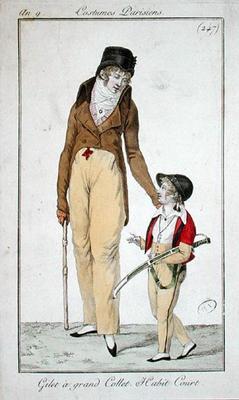 High necked waistcoat and short morning coat, from Costumes Parisiens, 1801 (coloured engraving) van French School, (19th century)