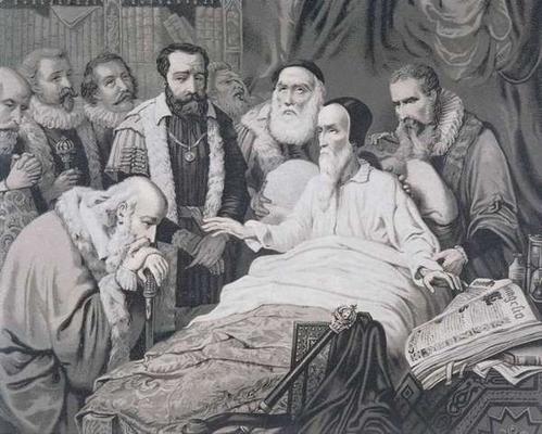 John Calvin (1509-1564) on his Death Bed (engraving) van French School, (19th century)