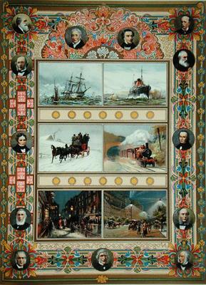 Progress during the reign of Queen Victoria (1819-1901). Sailing ships, steam ships, steam train and van French School, (19th century)