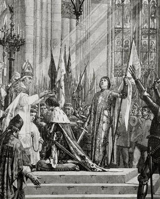 St. Joan of Arc (1412-31) at the Coronation of Charles VII (reg.1422-61) in 1429 (engraving) van French School, (19th century)