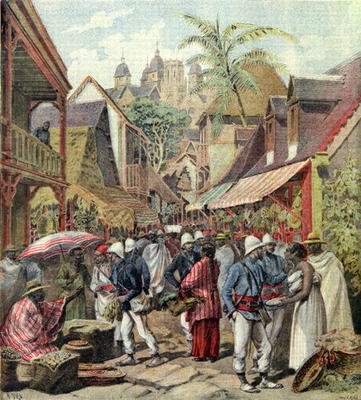 The Madagascar Expedition, French soldiers in a street in Tananarive, from 'Le Petit Journal', 27th van French School, (19th century)