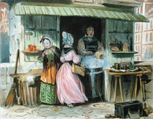 The merchant of 'oublies' in Paris, 1st half 19th century (colour litho) van French School, (19th century)