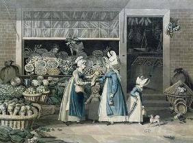 A Parisian Greengrocer's shop, early 19th century (colour litho)