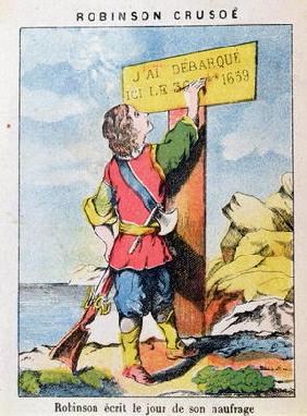 Robinson Crusoe Writes the Date of the Shipwreck (colour litho)