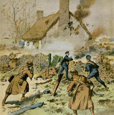 Attack by police and British troops on a farm occupied by the Sinn-Fein, cover of 'Le Petit Journal' van French School, (20th century)