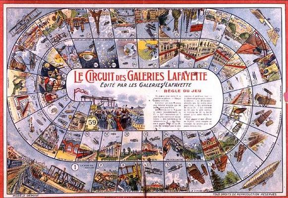 'Le Circuit des Galeries Lafayette': Game of Snakes and Ladders before 1914 (colour engraving) van French School, (20th century)