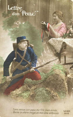 Postcard depicting a letter from a Poilu, 1914-18 (coloured photo) van French School, (20th century)