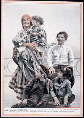 Poster of a European immigrant family on Ellis Island, 1910 (colour litho) van French School, (20th century)