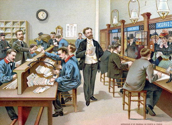 Sorting the Post in a Parisian Post Office, illustration from a Post Office calendar, 1904 (colour l van French School, (20th century)