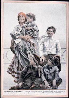 Poster of a European immigrant family on Ellis Island, 1910 (colour litho)