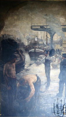 Workers unloading coal from a barge, early twentieth century (oil on canvas) van French School, (20th century)