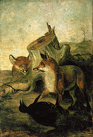 Wandbild im Gelben Haus im Forstenrieder Park bei München: Füchse mit Jagdbeute van Friedrich Anton Wyttenbach
