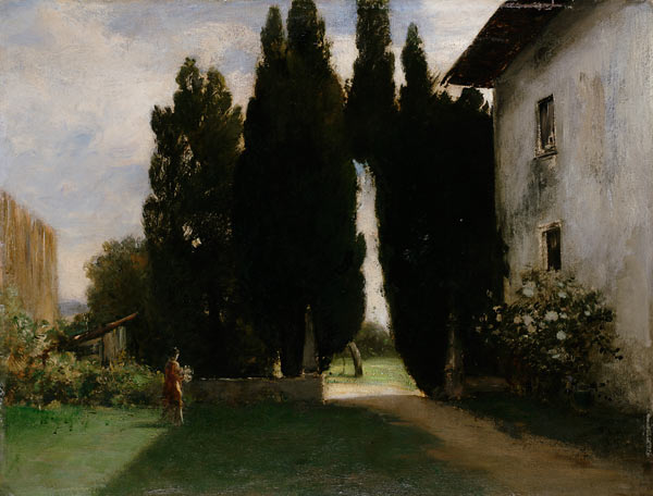 Vor einer italienischen Villa mit Zypressen van Friedrich August v. Kaulbach