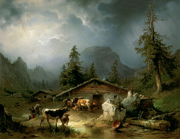 Alpine hut in Rainy Weather van Friedrich Gauermann