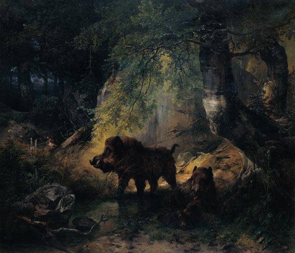 Wild Boar and Wolf van Friedrich Gauermann