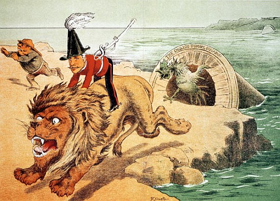 The Lion cannot face the corwing of the Cock'', The American view of the Channel Tunnel Scare, illus van Friedrich Graetz