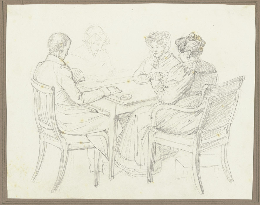 Ein Herr und drei Damen beim Kartenspiel van Friedrich Moosbrugger