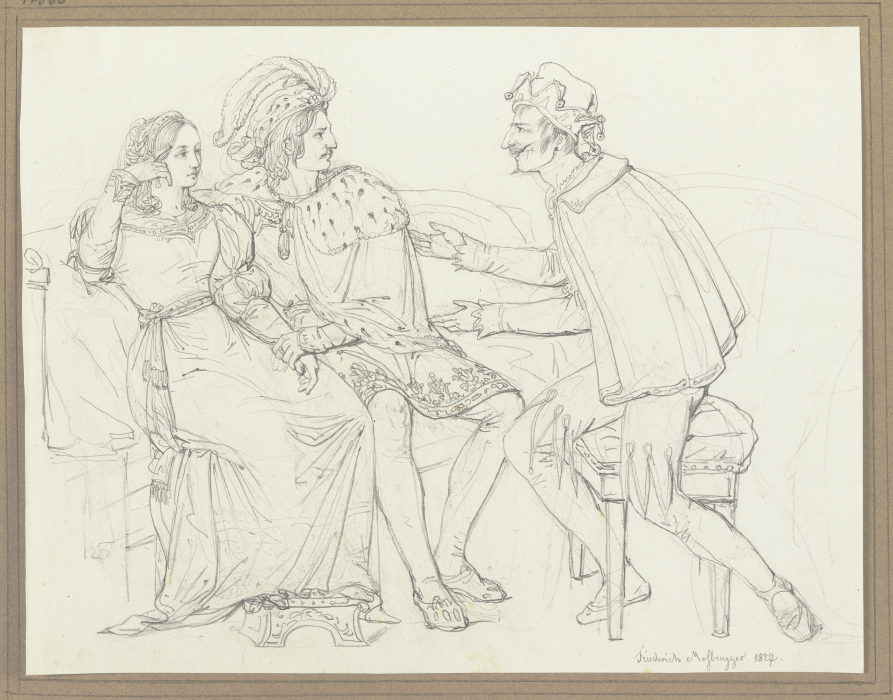 Ein Paar auf einem Sofa unterhält sich mit einem Narren van Friedrich Moosbrugger