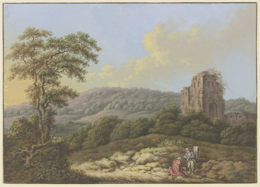 Landschaft mit einer Ruine, links ein hoher Baum, im Vordergrund zwei Wanderer van Friedrich Rauscher