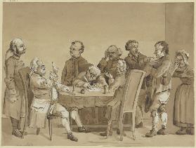Gerichtsszene: Zwei Richter und ein Schreiber an einem Tisch, umgeben von sechs stehenden Personen, 