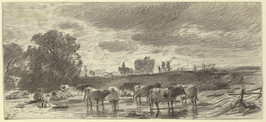 Landschaft in Gewitterstimmung mit einer Viehherde im Vordergrund und einem Erntewagen am Horizont van Friedrich Voltz